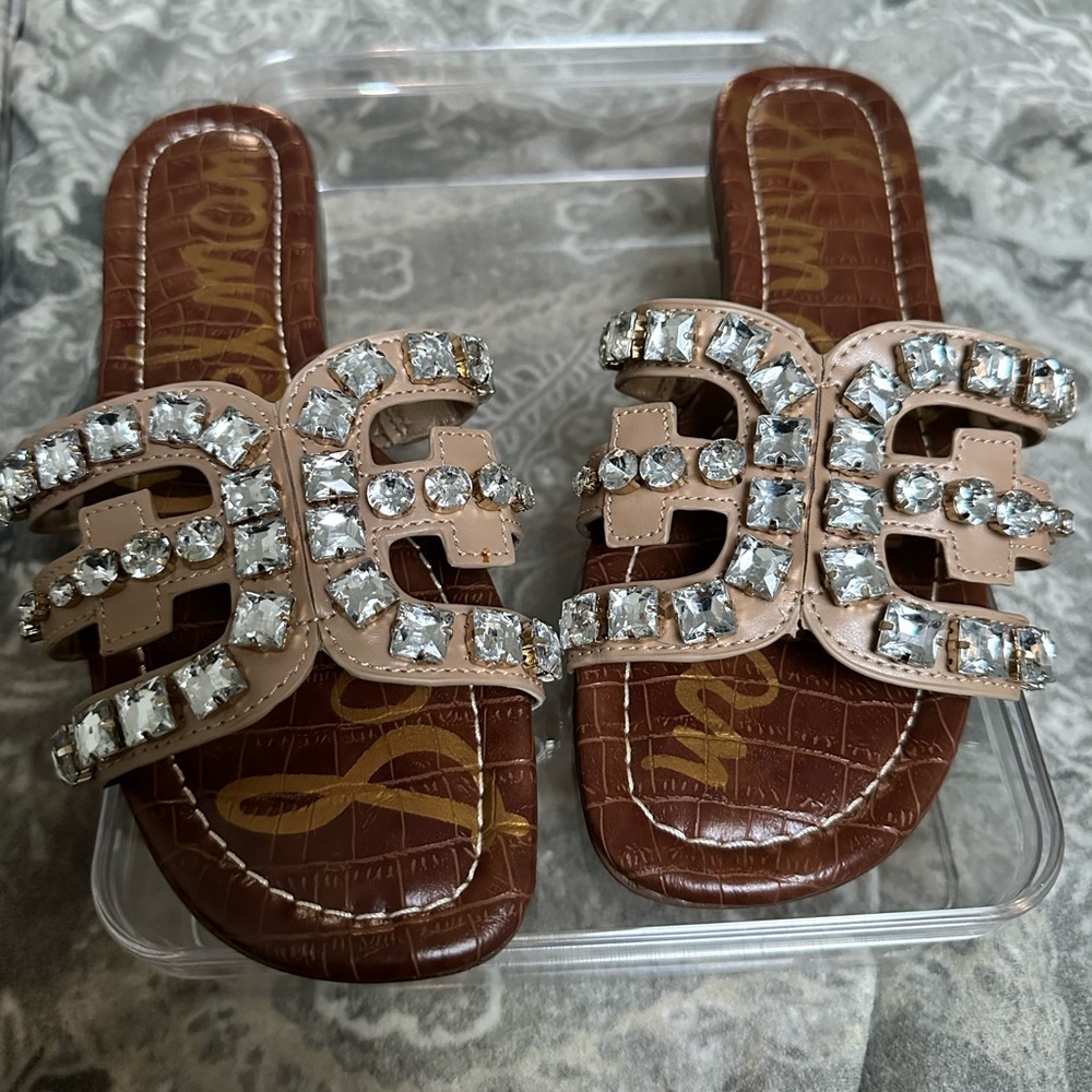Sam Edelman Nude/Tan Crystal Embellished Slide Sandals